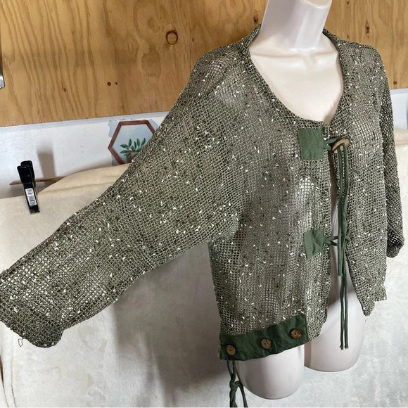 Kaktus open knit art to wear cardigan sweater green women’s small lagenlook - Picture 5 of 11